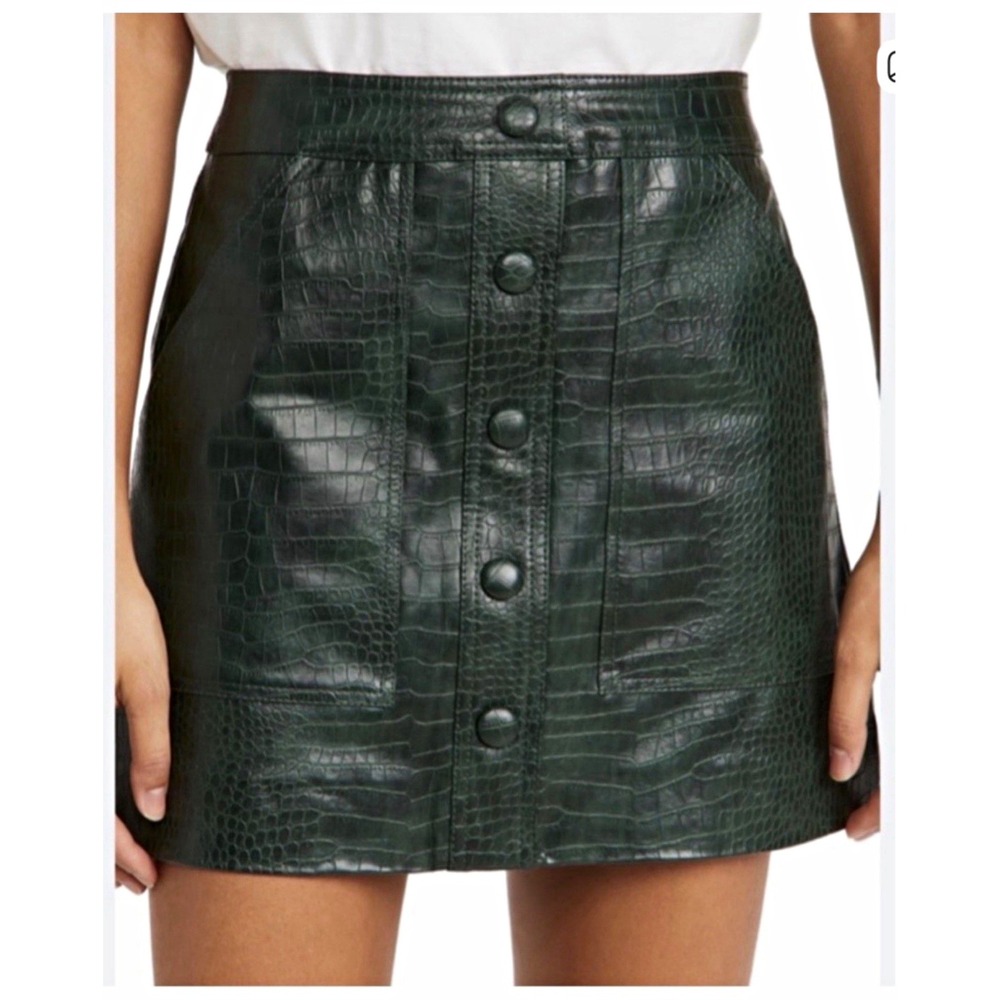 House of Harlow 1960 Green Faux Leather Croc Mini Skirt Button High Rise 2